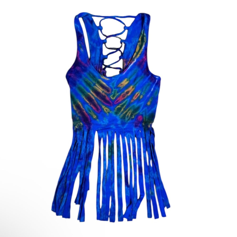 Blue Tie-Dye Fringe Tank Top with Lace up Back